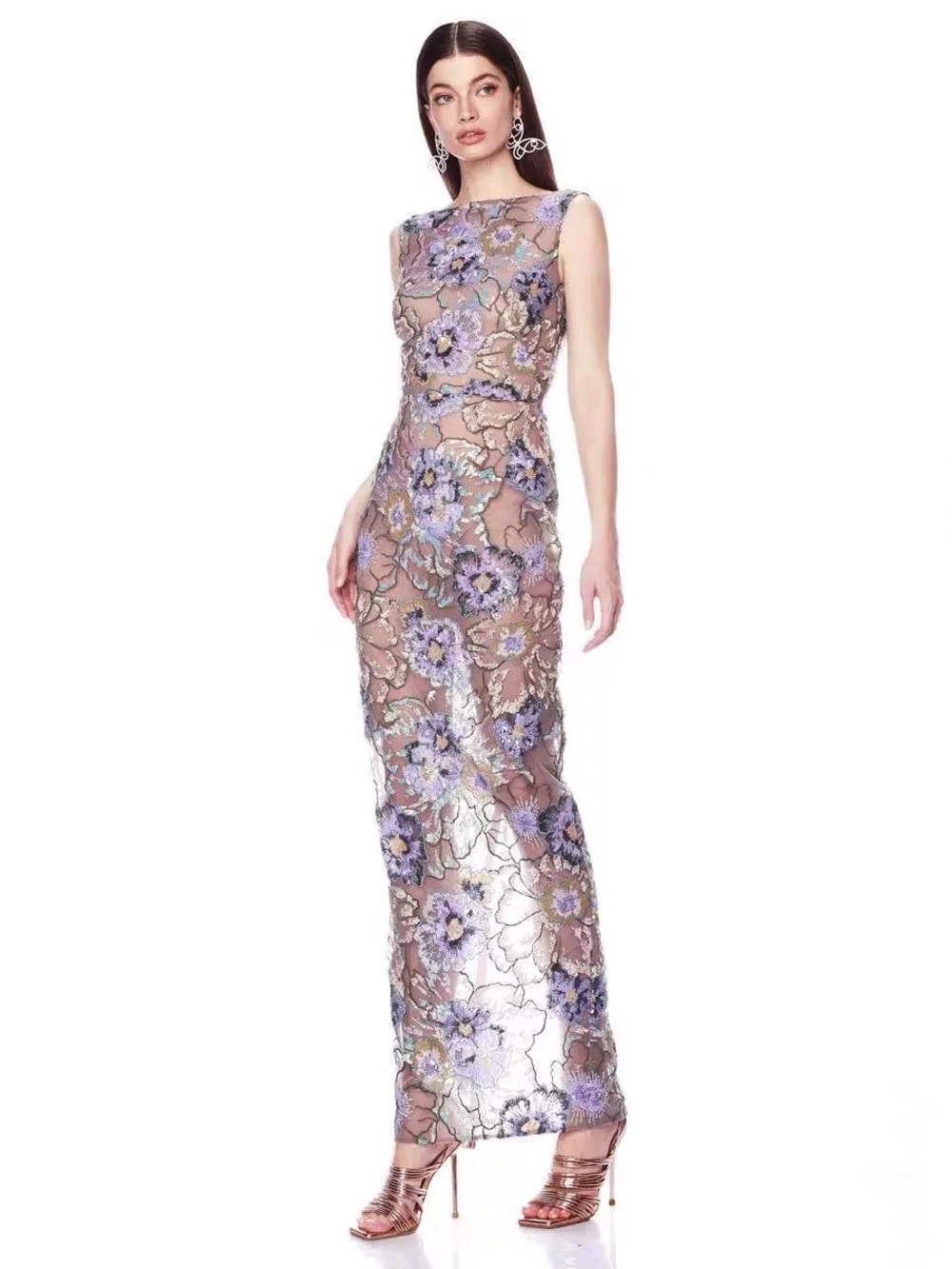 Bronx & Banco Violet Embroidered Floral Sequin Column Gown Lavender Taupe NWOT